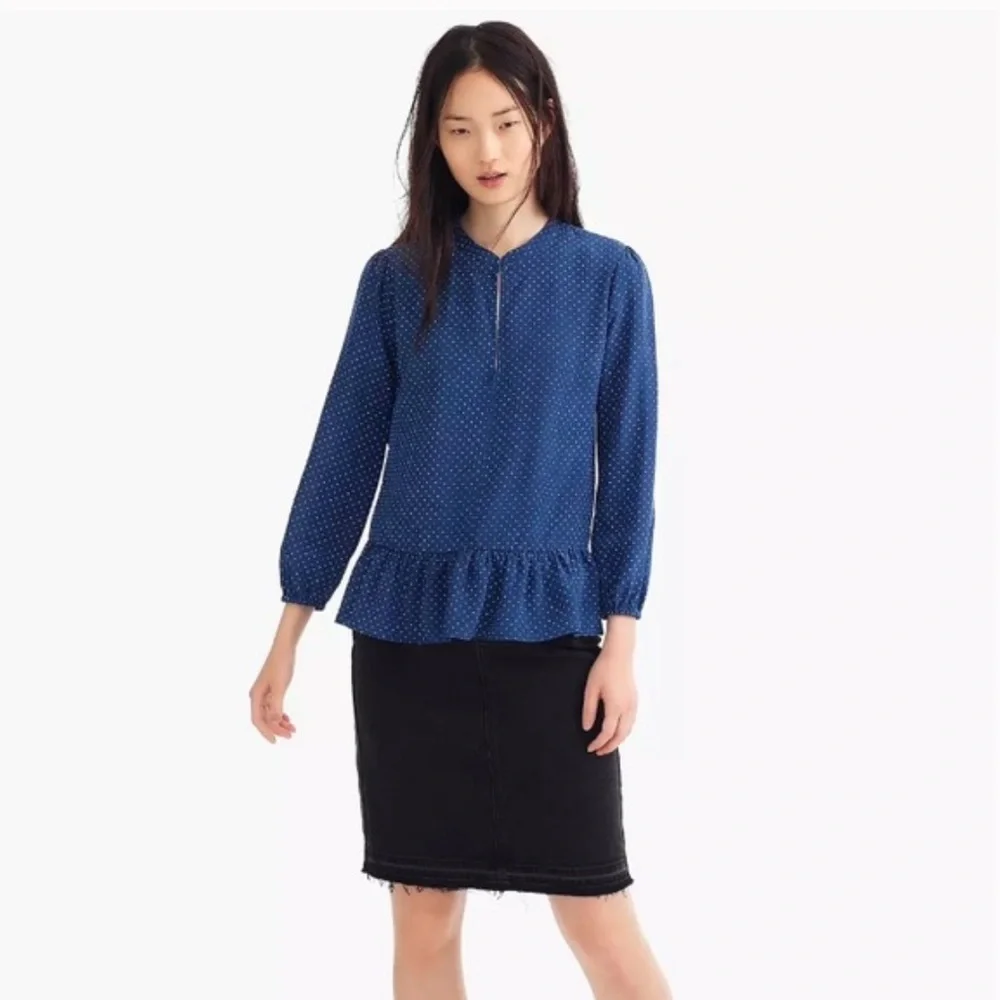 NWT J. Crew 100% Silk Peplum Top in Blue Polka Dot, Size 8